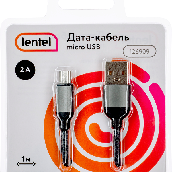 Дата-кабель LENTEL USB – micro USB текстиль, 2А, цветной, 1м