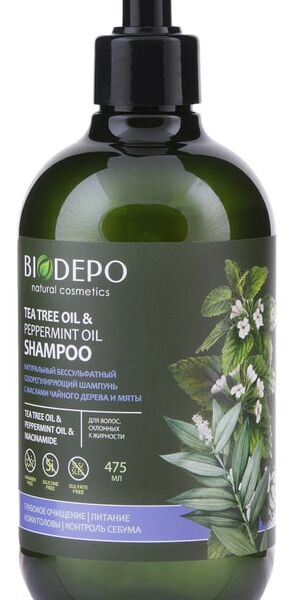 Шампунь для волос Biodepo себорегулирующий с эфирными маслами чайного дерева и мяты 475мл
