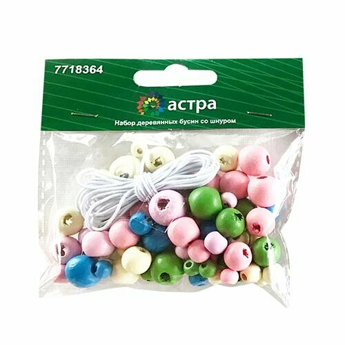 160818 Набор деревянных бусин со шнуром, пастельный микс, 6,8,10,12мм, 90шт/упак, Astra&Craft.
