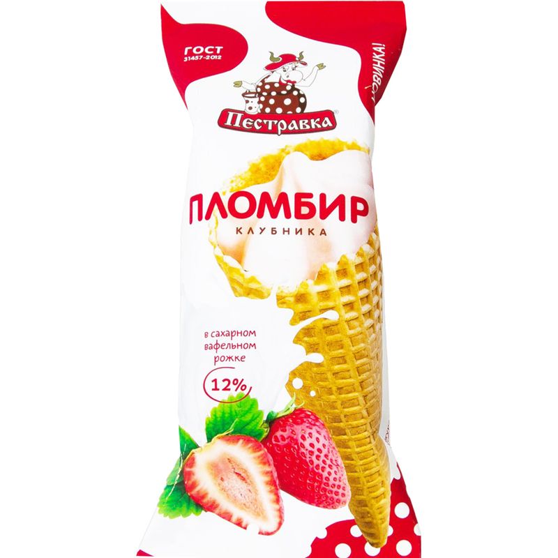 

Мороженое Пестравка пломбир Клубника с шоколадной глазурью в вафельном сахарном рожке, 120 г
