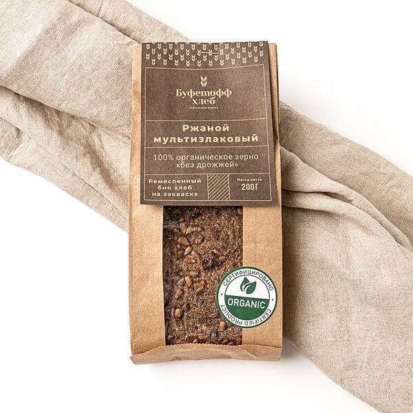 Хлеб Ржаной мультизлаковый на закваске бездрожжевой, цельнозерновой органический Буфетофф 200г, Россия