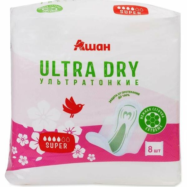 Прокладки гигиенические АШАН Красная птица Ультра Супер Драй, 8 шт