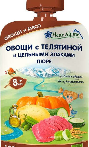 Пюре Fleur Alpine Овощи с телятиной и цельными злаками с 8 месяцев 100г