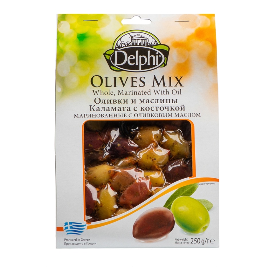 

Оливки и маслины Каламата маринованные Delphi с косточкой с оливковым маслом 250 г