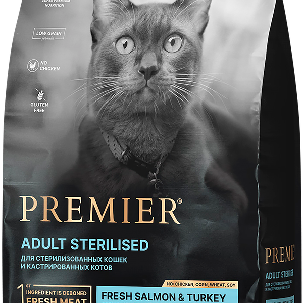 Корм сухой для кошек Premier Cat Sterilised, свежее филе лосося с индейкой 400г