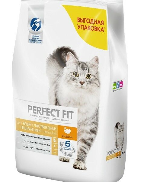 Корм сухой Perfect Fit Dry для взрослых кошек с чувствительным пищеварением с индейкой