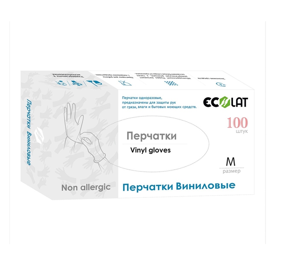 

Перчатки Ecolat виниловые 100шт размер M Китай