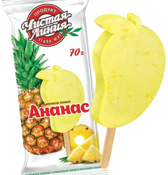 Мороженое Чистая линия Пломбир с ананасовым соком и кусочками ананаса 70г