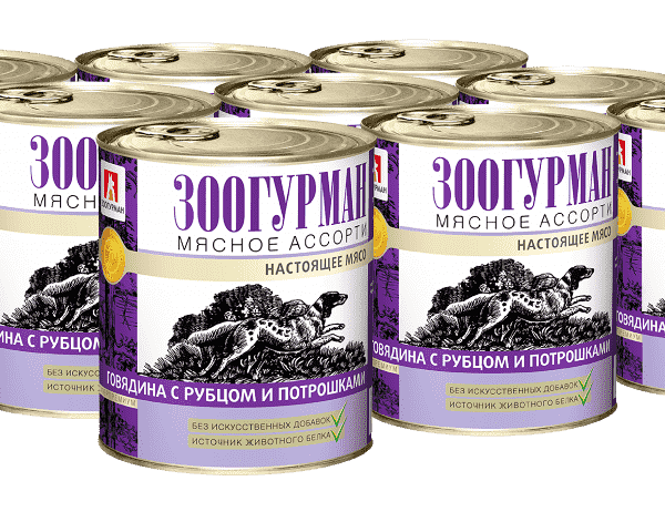 Корм для собак ЗООГУРМАН Мясное ассорти говядина, потрошки конс. 750г (упаковка - 9 шт)