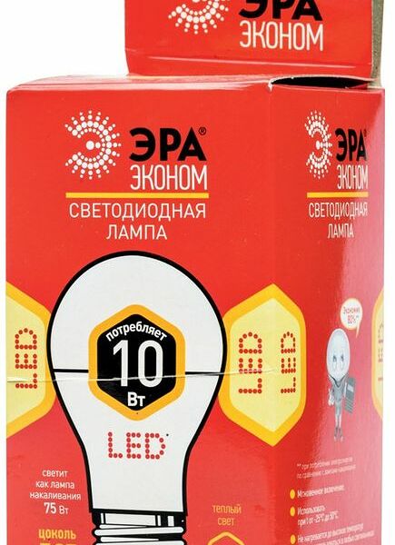 Лампа светодиодная ЭРА Эко 10Вт E27, теплый свет, груша