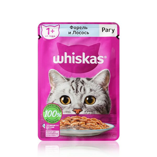 Влажный корм WHISKAS®для кошек, рагу с форелью и лососем, 75 г