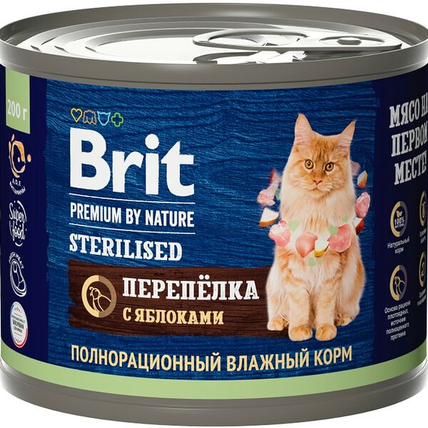 Влажный корм для кошек Brit Premium by Nature с мясом перепелки и яблоками для стерилизованных 200г