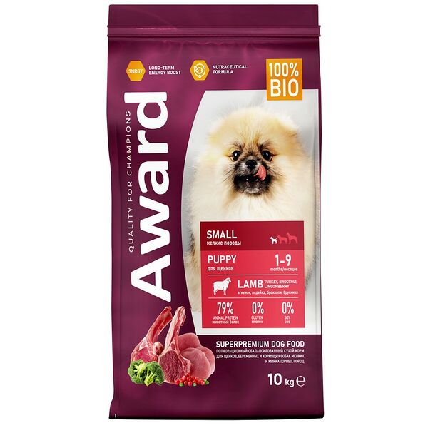 Сухой корм AWARD для щенков мелких и миниатюрных пород от 1 месяца, беременных и кормящих сук, с ягненком, индейкой, брокколи и брусникой, 10 кг