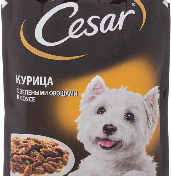 Корм консервированный полнорационный Цезарь для взрослых собак всех пород Курица с зелеными овощами в соусе