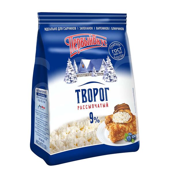 Творог Первый Вкус 9% 350гр Рассыпчатый пакет