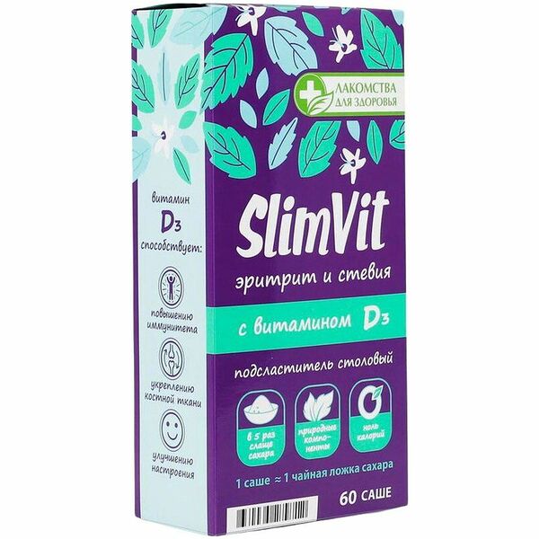 Подсластитель столовый Лакомства для здоровья Slim Vit эритрит и стевия с витамином D3, 60×