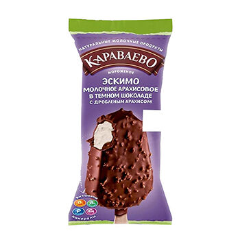 Мороженое эскимо молочное Караваево арахисовое в темном шоколаде с дробленым арахисом м.д.ж. 0,5% 80 г, Россия