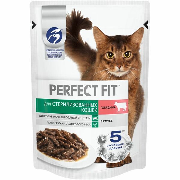 Корм Perfect Fit говядина в соусе для стерилизованных котов и кошек консервированный, 75г