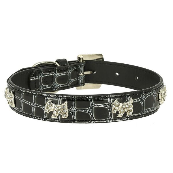 Ошейник для собак КАСКАД  Колибри  змеиная кожа с укр. Собачка  со страз.и кулоном 25ммх50см черный
