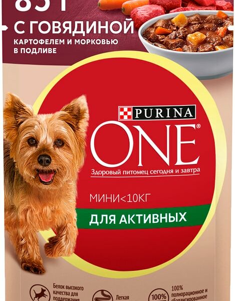 Влажный корм для собак Purina ONE для мелких пород с говядиной картофелем и морковью в подливе 85г