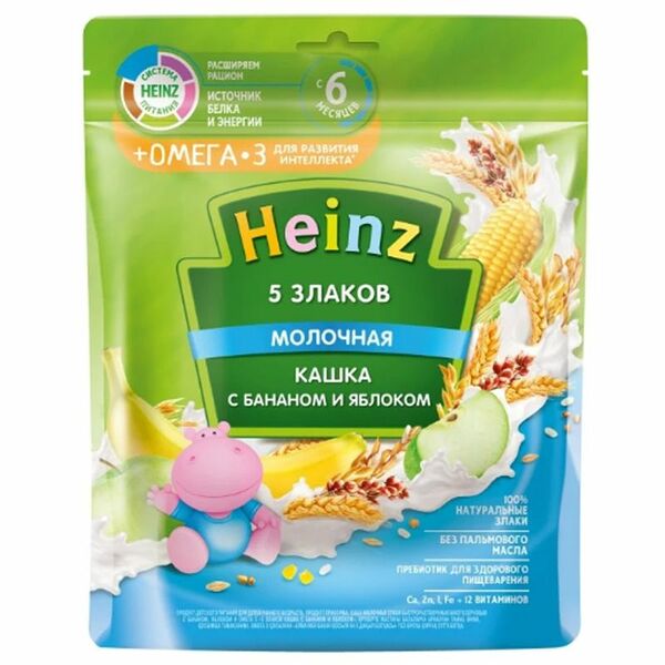 Каша Heinz молочная 5 злаков с бананом и яблоком с 6 месяцев, 200г