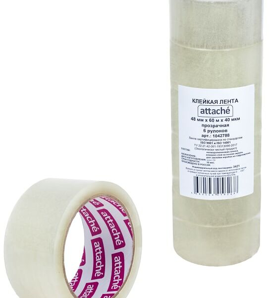 Лента клейкая Attache упаковочная прозрачная 40мкм 48мм*60м