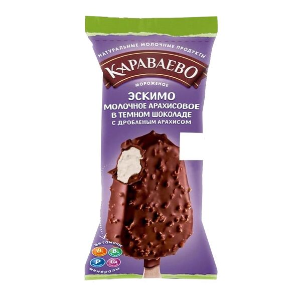 Мороженое эскимо молочное Караваево арахисовое в темном шоколаде с дробленым арахисом м.д.ж. 0,5% 80 г, Россия