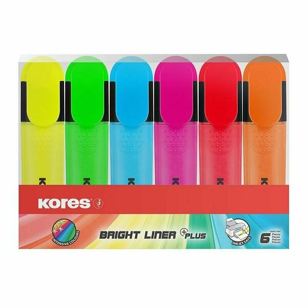 Набор текстовыделителей Kores Bright Liner Plus 6 цветов, толщина линии 0.5-5 мм, на водной основе, скошенный наконечник, текстовыделители, флипчарта