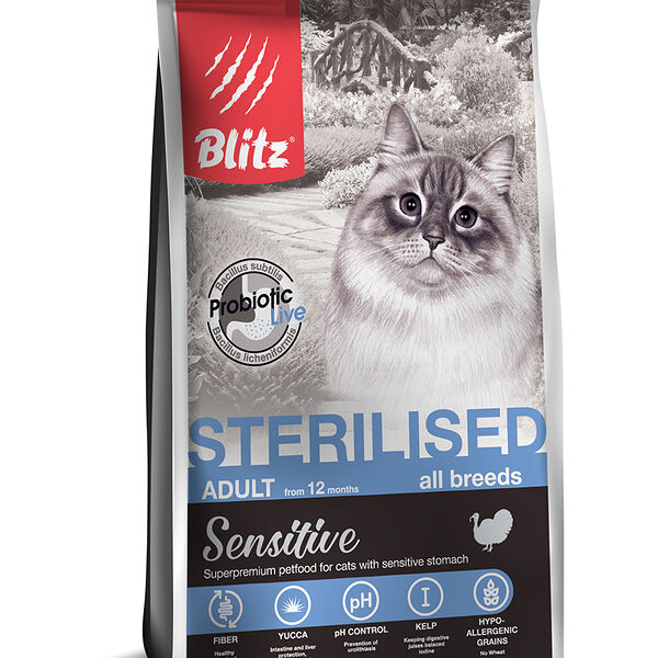 Blitz Sensitive Turkey Adult Sterilised Cat All Breeds с индейкой для стерилизованных кошек 400 г