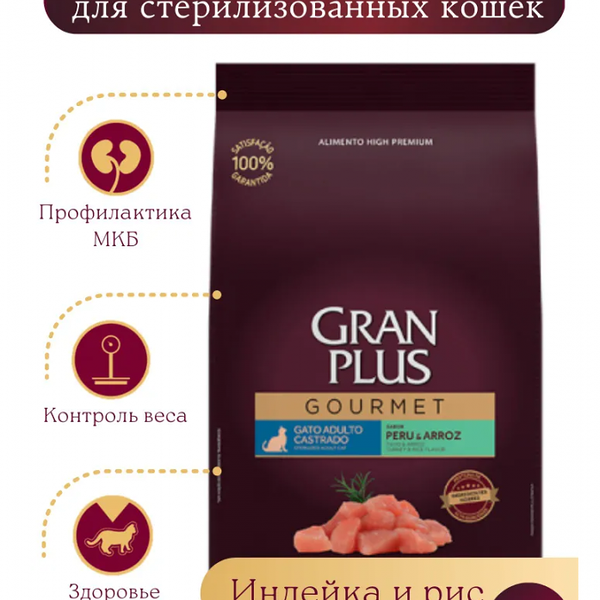 Сухой корм для стерилизованных кошек GRANPLUS Gourmet Cat Sterilised индейка с рисом 1 кг