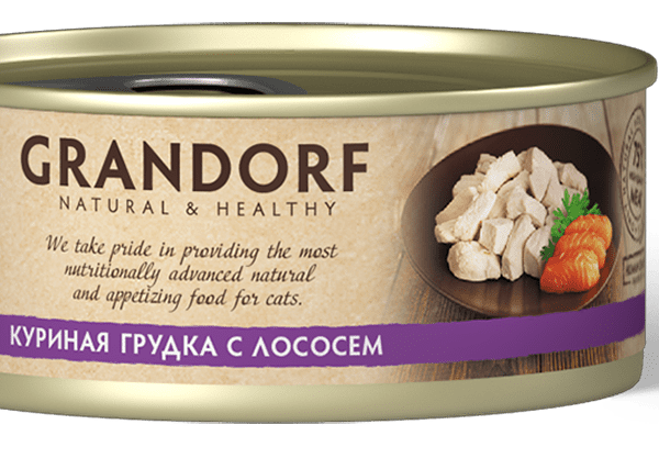 Влажный корм Grandorf консервированный, для кошек, куриная грудка с лососем, 70г