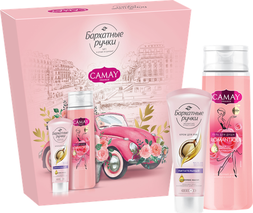 

Набор подарочный женский: гель для душа Camay Романтик 250 мл 1 шт., крем для рук Бархатные ручки питательный 80 мл 1 шт. дизайн упаковки в ассортименте