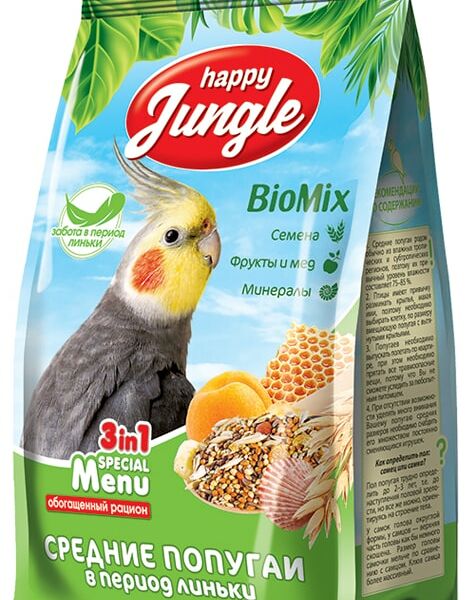 Корм для птиц Happy Jungle для средних попугаев при линьке