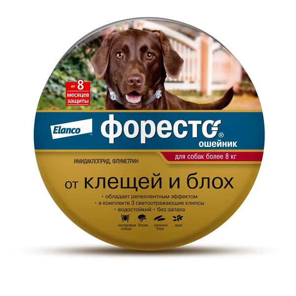 Ошейник ELANCO Форесто для собак более 8 кг от клещей, блох и вшей, защита 8 месяцев, 70 см