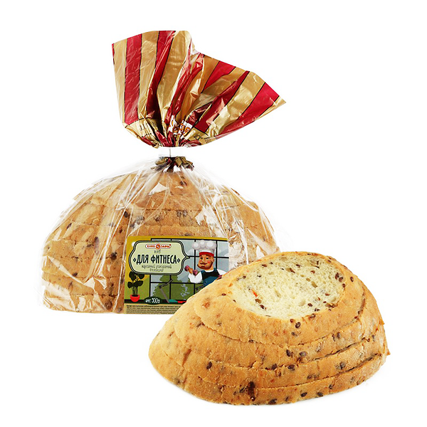 Хлеб Хлебозавод 28 Для фитнеса зерновой кунжут-морковь-овсяные хлопья-лен-семена подсолнечника в нарезке, половинка, 300г