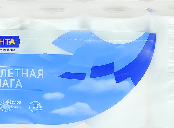 Бумага туалетная Лента 3 слоя белая, 8 шт.