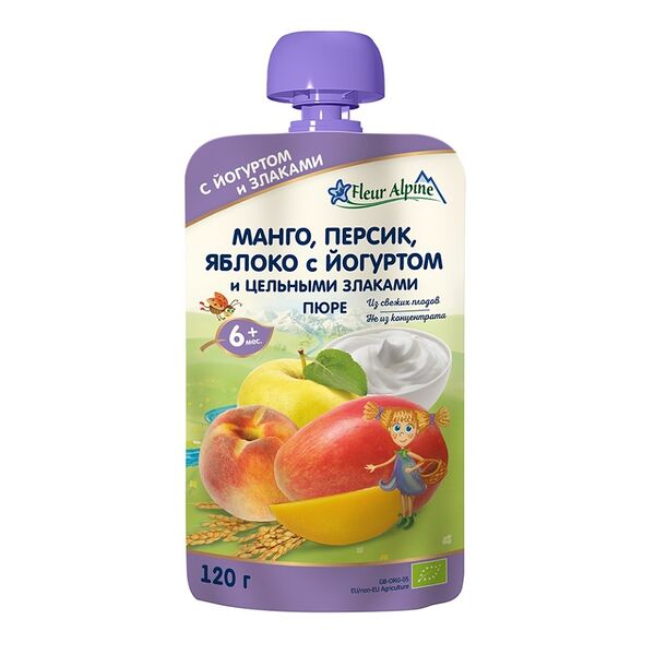 Пюре «Манго, персик, яблоко с йогуртом и цельными злаками» с 6 месяцев, Fleur Alpine Organic