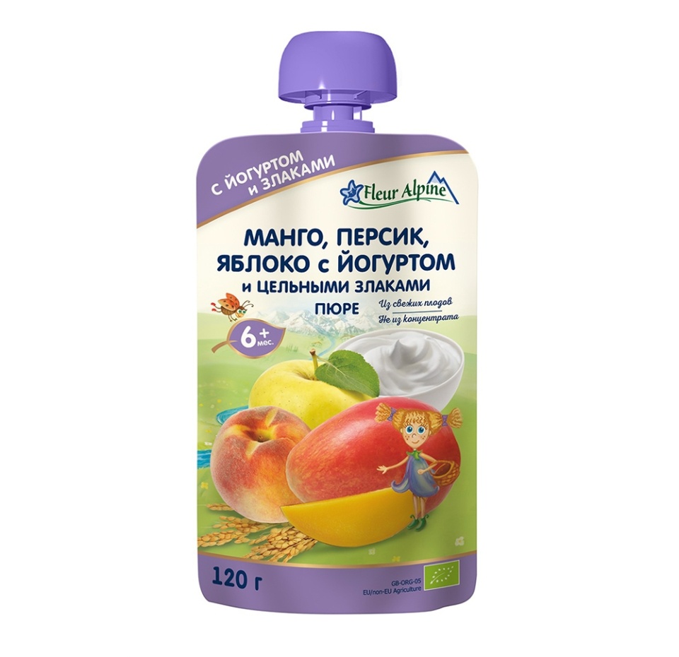 

Пюре Fleur Alpine Organic «Манго, персик, яблоко с йогуртом и цельными злаками» с 6 месяцев 120 г