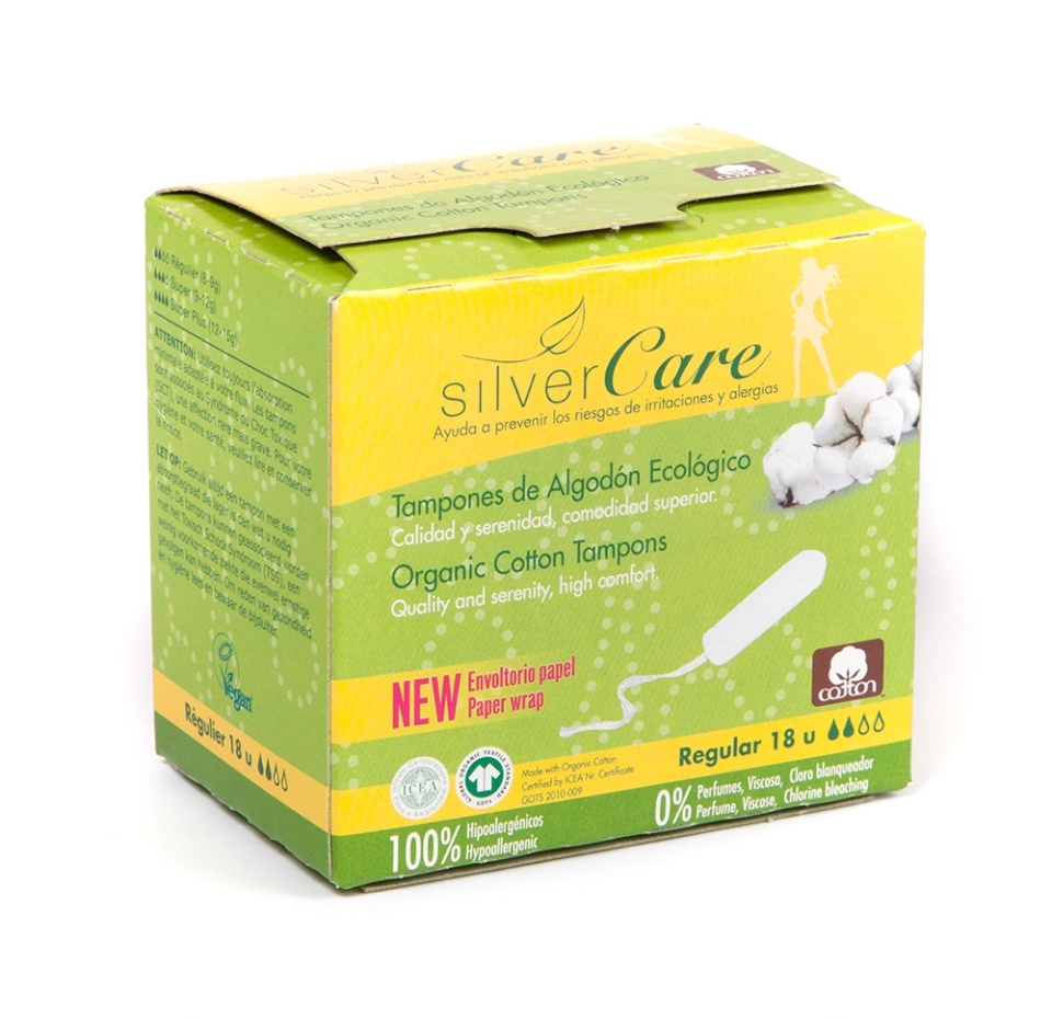 

Тампоны SilverCare Regular из органического хлопка (без аппликатора) 18шт., Испания