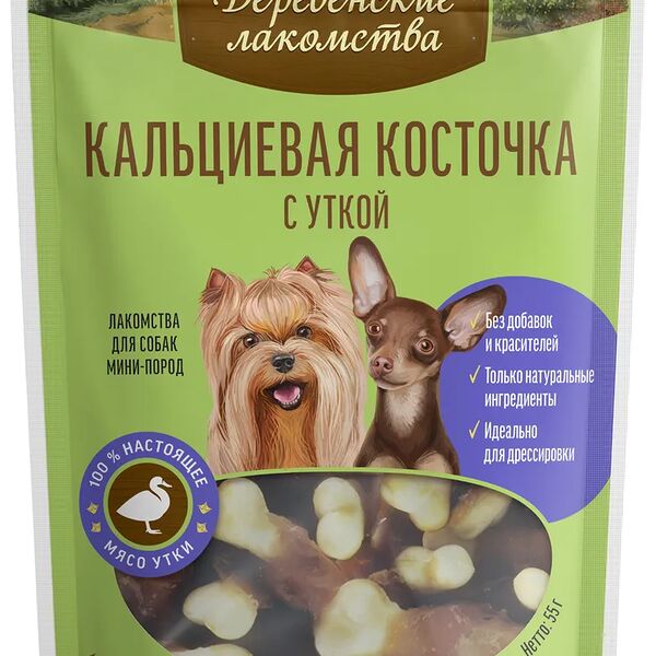 Лакомство для собак Деревенские лакомства Кальциевая косточка с уткой, для мини-пород 55 г