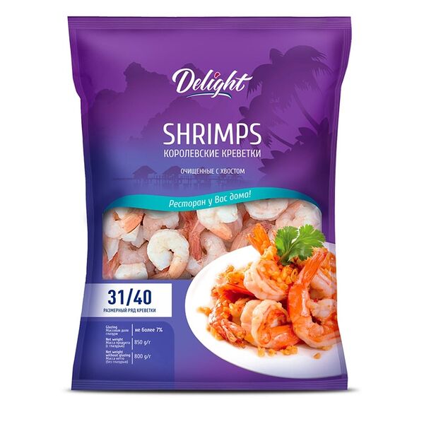 Креветки ваннамей Delight варено-мороженые очищенные без головы с хвостом 31/40 850г, Вьетнам