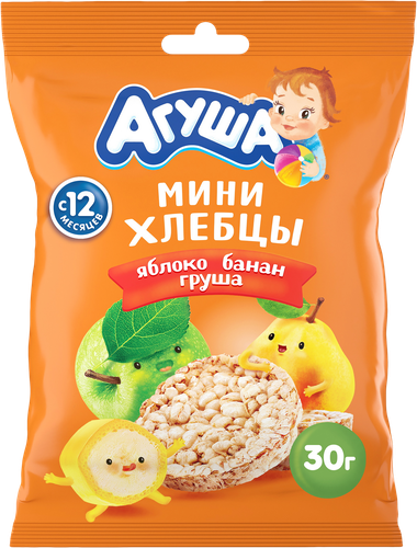 

Мини-хлебцы Агуша Полезный Перекус Банан-Груша-Яблоко 30г с 12 месяцев