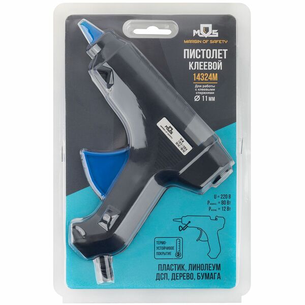 Пистолет клеевой MOS д.11 мм,80 Вт (12Вт в режиме ожидания ),б/стержней, дл. провода 1,5м, б/защ.кожуха,подставка