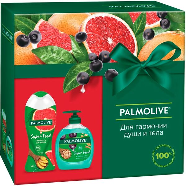 Подарочный набор Palmolive Super Food Гель для душа Грейпфрут и сок имбиря 250мл + Мыло жидкое для рук Ягоды асаи и овес 300мл