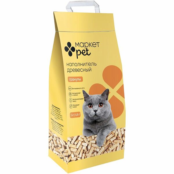 Наполнитель древесный для кошачьего туалета Маркет Pet, 3кг