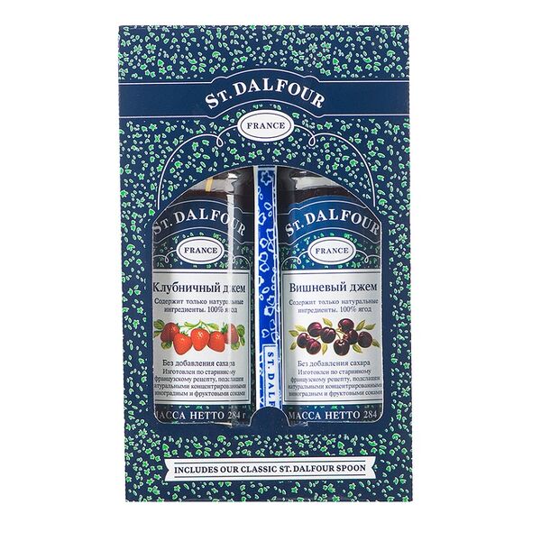 Подарочный набор St.Dalfour джем из клубники 284 г, джем из вишни 284 г + фарфоровая ложка, Франция