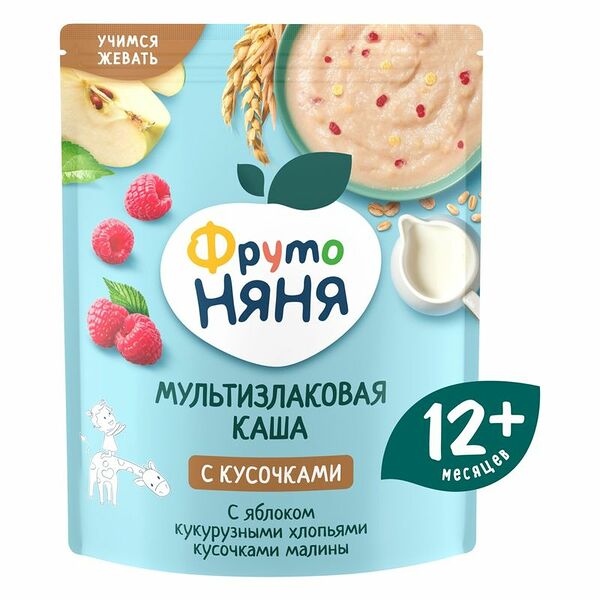 Каша мультизлаковая молочная ФрутоНяня с яблоками, кукурузными хлопьями и кусочками малины с 12 месяцев, 200 г