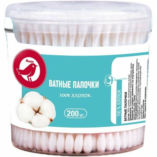 Ватные палочки АШАН Красная птица стакан круглый, 200 шт