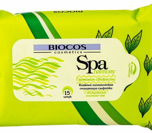 Влажные салфетки очищающие Biocos Spa harmony с экстрактом зеленого чая 15 шт