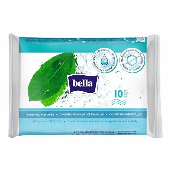 Влажные салфетки Bella освежающие с ароматом зеленого чая, 10 шт.
